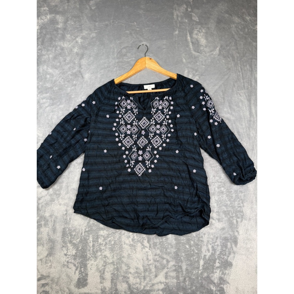 J. Jill Peasant Top Womens XS Navy Black Striped Embroidered Flannel Boho Chic
